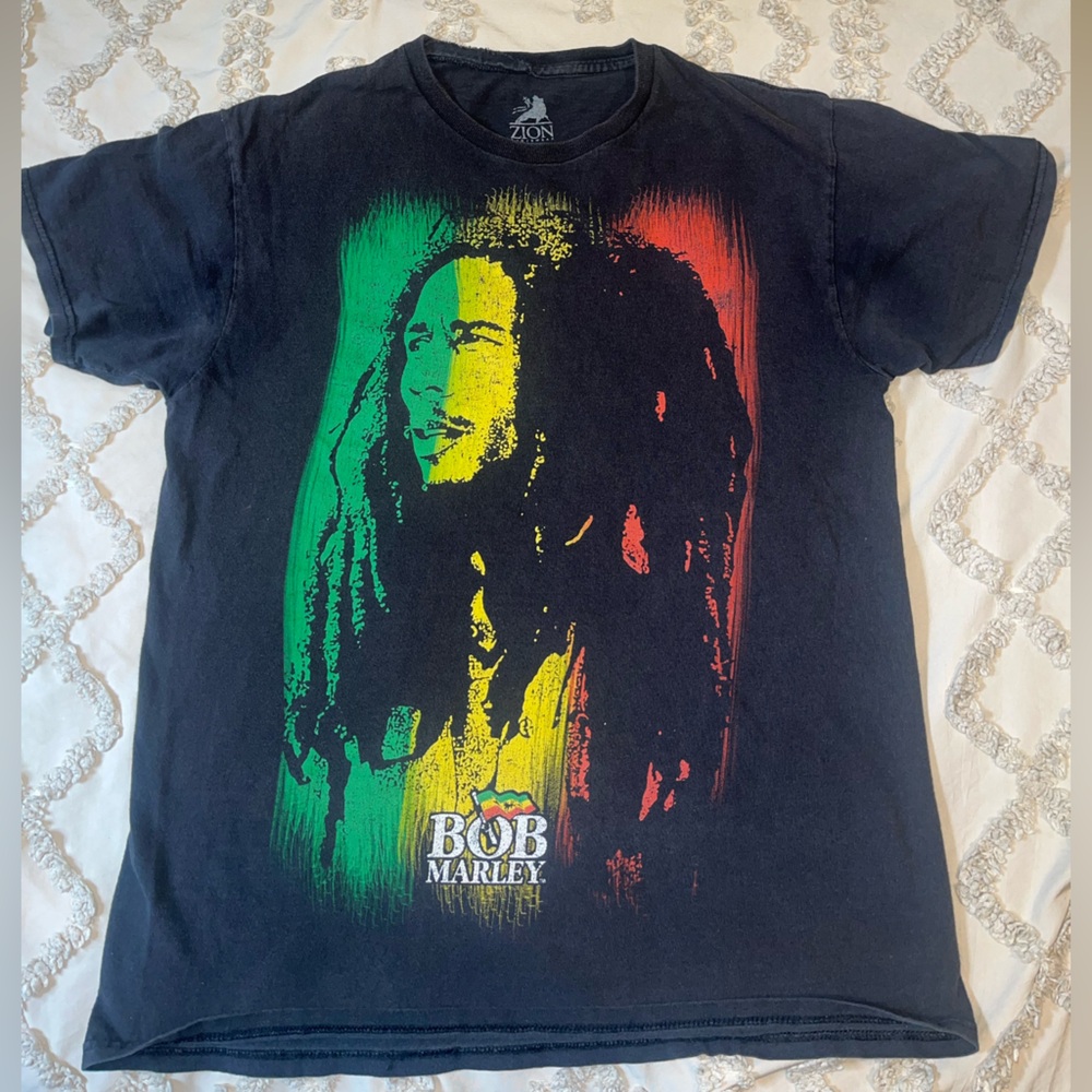 Zion Rootswear Black Bob Marley Tee with Red, Green, Yellow